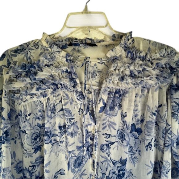Zara Blue & White Floral Ruffle Trimmed Long Sleeved Blouse- Size L - Picture 4 of 9